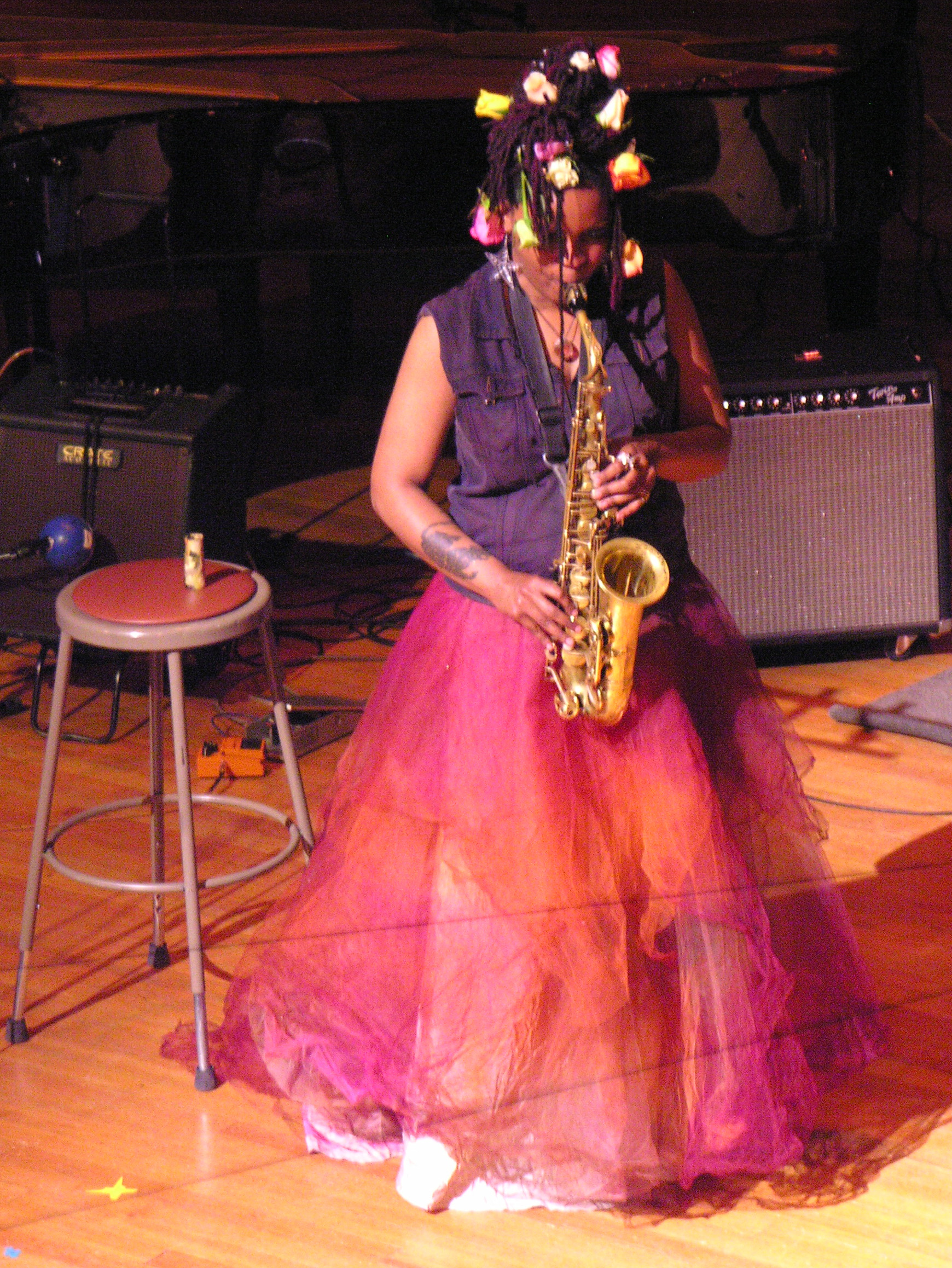 (Matana Roberts performing at Ran Blake's 70th birthday celebration in NEC's Jordan Hall, April 2005.  Photo by Andrew Hurlbut/NEC)